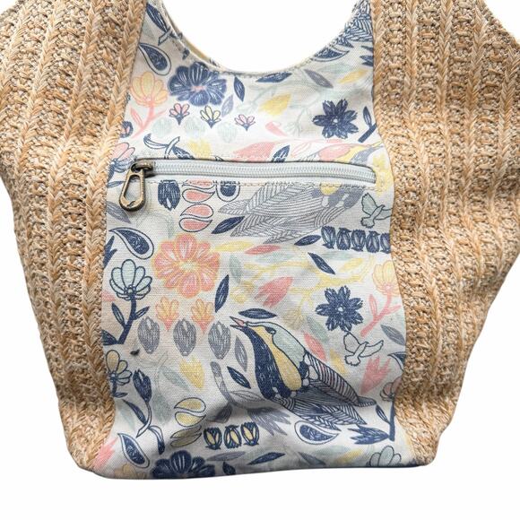 Sakroots Roma Shopper Tote Straw Floral Canvas Bag Blue Trim & Tassel Charm - Picture 5 of 16